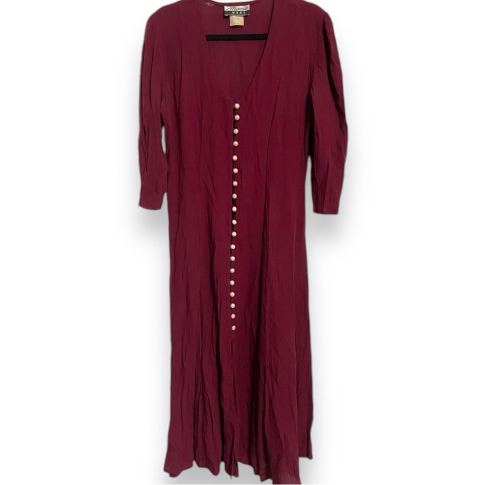 Vintage Maroon Button Up Dress Pearl Buttons 3/4 Over the Elbow Sleeves Size 3/4